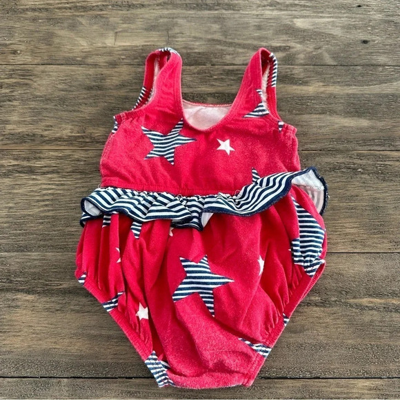 Vintage 1998 Gymboree Baby Girls XS Red Stars Stripes Knit Swimsuit Ruffle Blue - Picture 3 of 5
